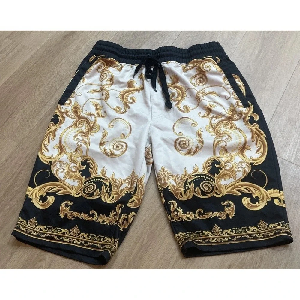 Baroque Print Shorts Men's XL Black Gold White Scroll Waistband Drawstring